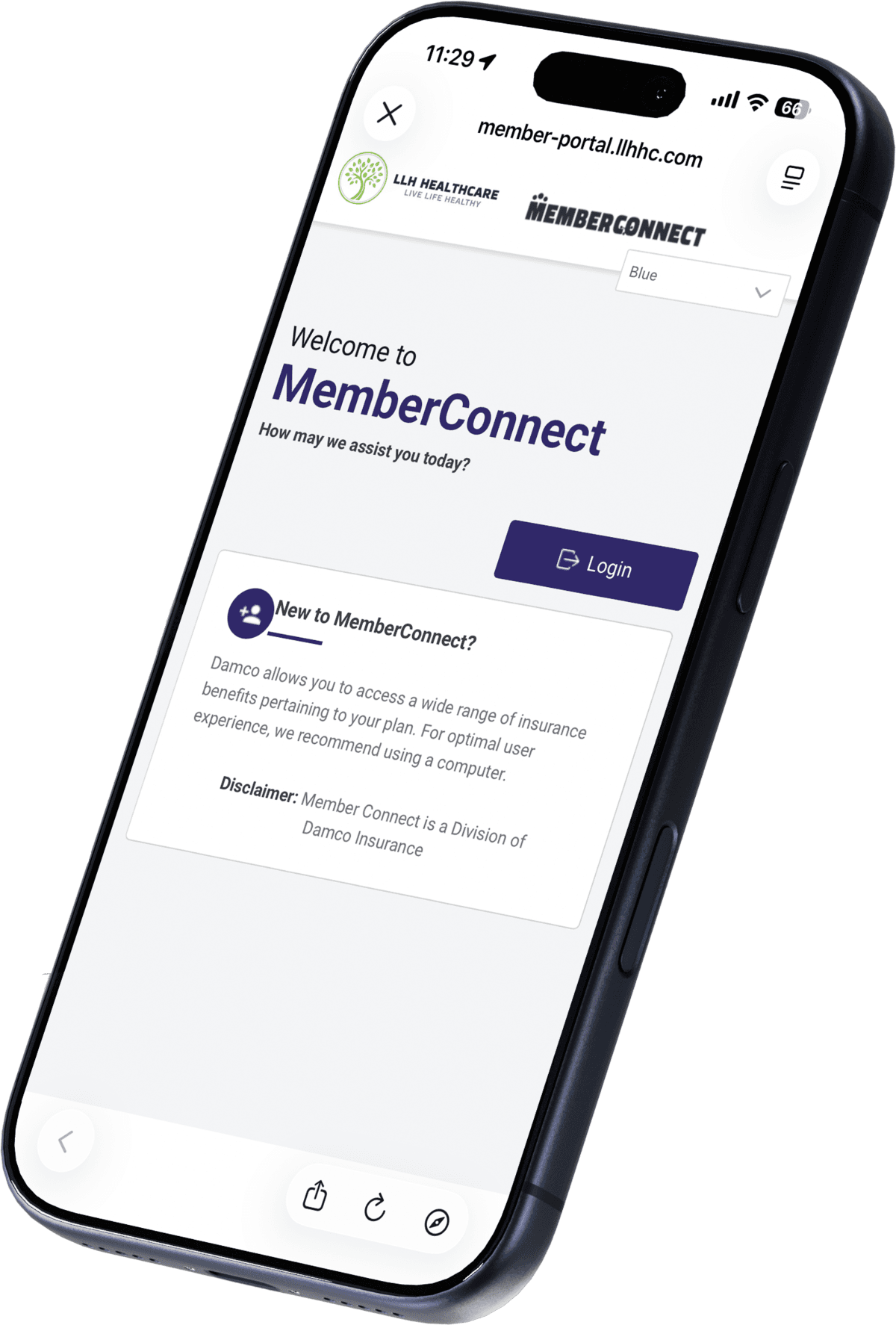 The MemberConnect member portal sign-in page on a phone